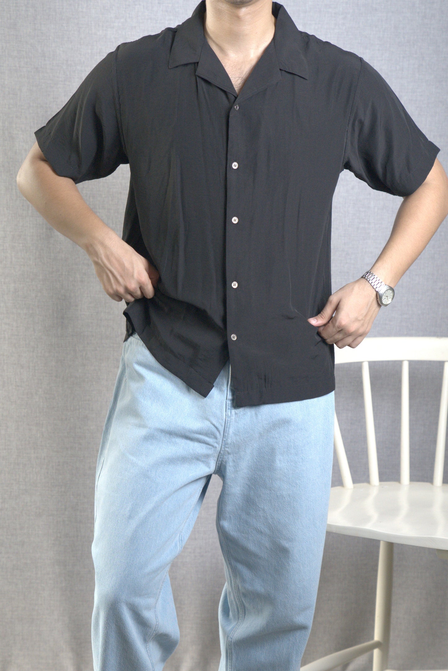 Black Linen Button-Up Shirt