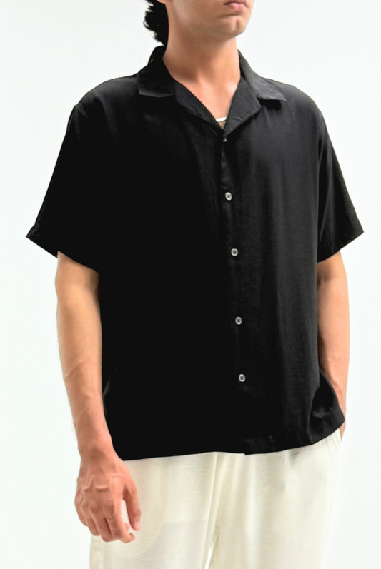 Black Linen Button-Up Shirt