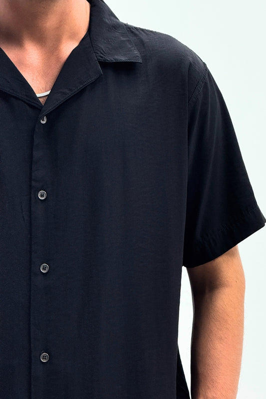 Black Linen Button-Up Shirt