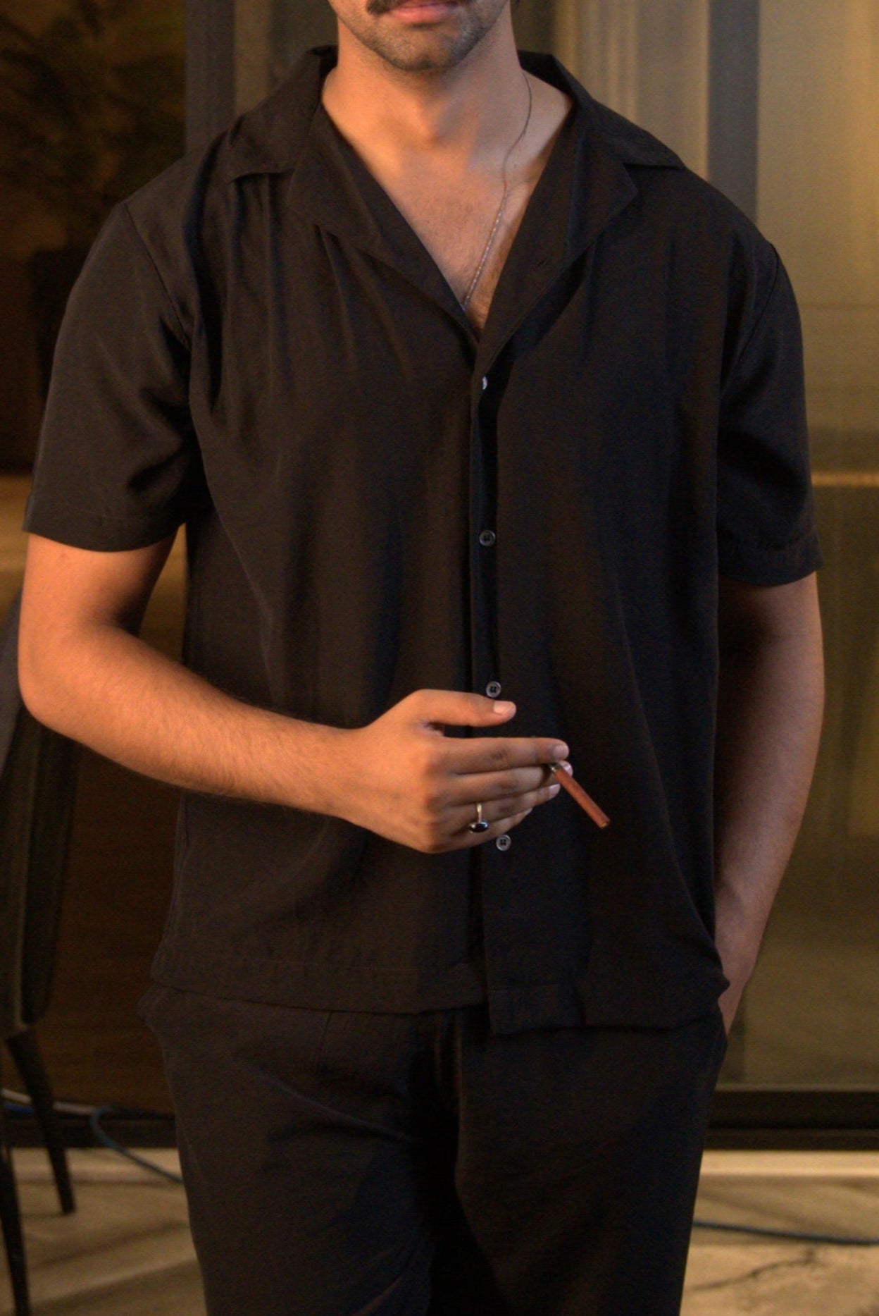 Black Linen Button-Up Shirt