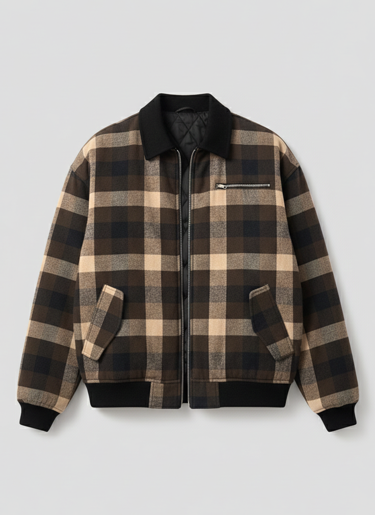 Plaid jacket with black collar and cuffs on a light gray background