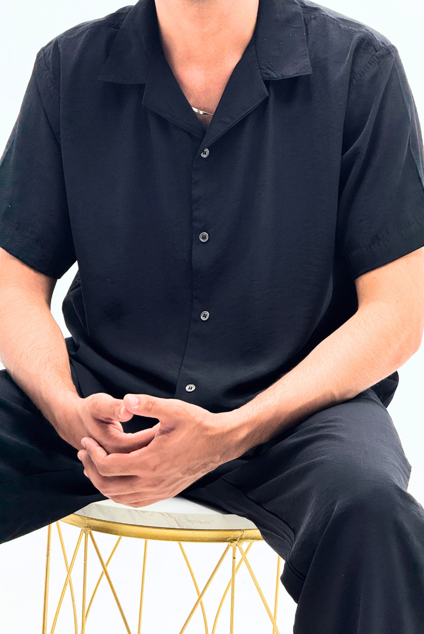 Black Linen Button-Up Shirt